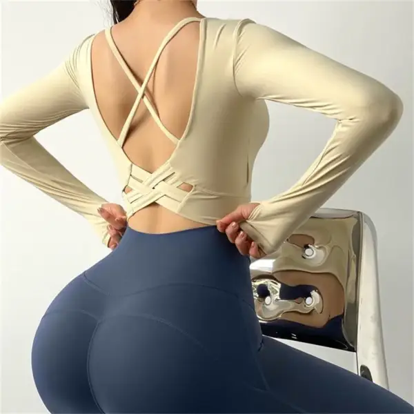 Inner Padded Sport T Shirt Women Sexy Back Long Sleeve Yoga Top Fitness Running Workout T-shirt High Elastic Gym Clothes - Image 2