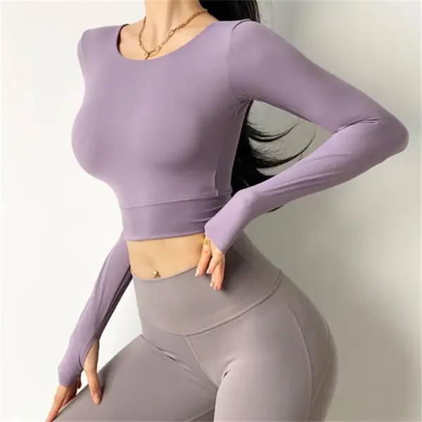 Inner Padded Sport T Shirt Women Sexy Back Long Sleeve Yoga Top Fitness Running Workout T-shirt High Elastic Gym Clothes - Image 4