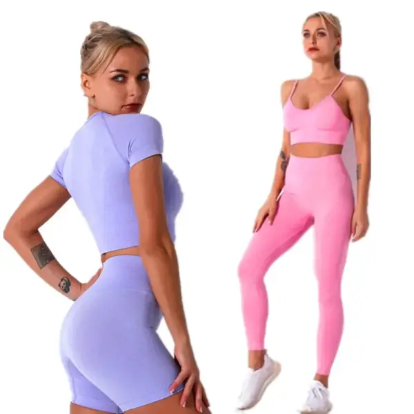 Pad Seamless Women Yoga Set Short Sleeve Crop Top T shirt Bra Squat Proof Leggings Sports Workout Outfit Fitness Wear Yoga Suits - Image 3