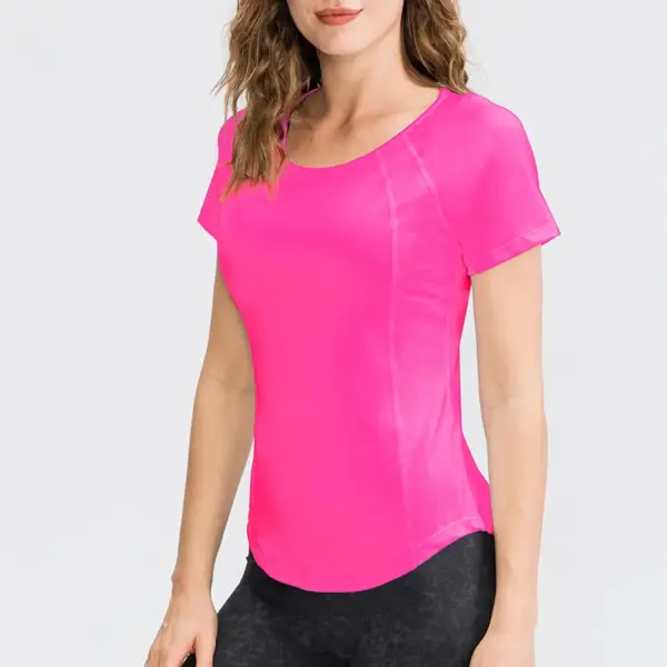 Women's tight yoga short sleeve round neck sports T-shirt with mesh breathable high elastic quick drying running fitness clothes - Image 2