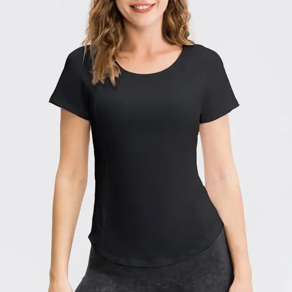 Women's tight yoga short sleeve round neck sports T-shirt with mesh breathable high elastic quick drying running fitness clothes - Image 3