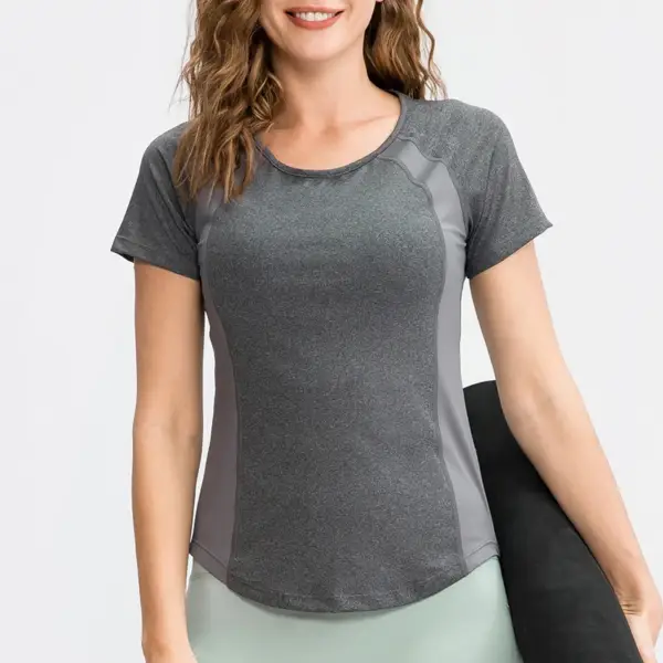 Women's tight yoga short sleeve round neck sports T-shirt with mesh breathable high elastic quick drying running fitness clothes - Image 4